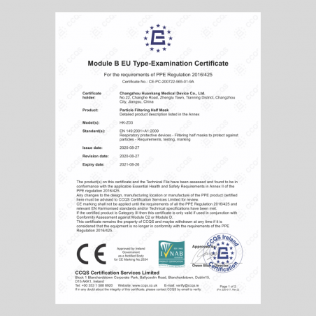 Certificato Mascherina FFP2 CE 2834